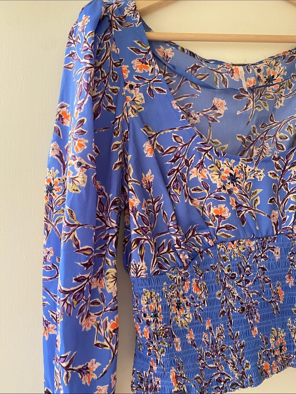 Free People Blue Floral Smocked-Waist Blouse